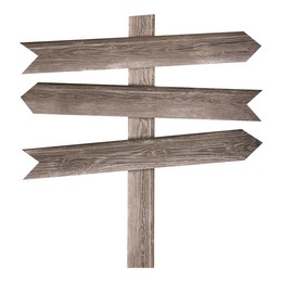 Image of Wooden signpost with arrow-shaped pointers isolated on white