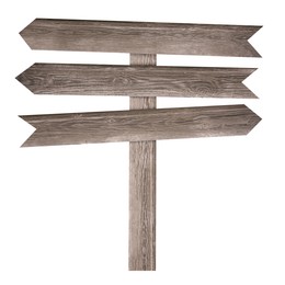 Image of Wooden signpost with arrow-shaped pointers isolated on white