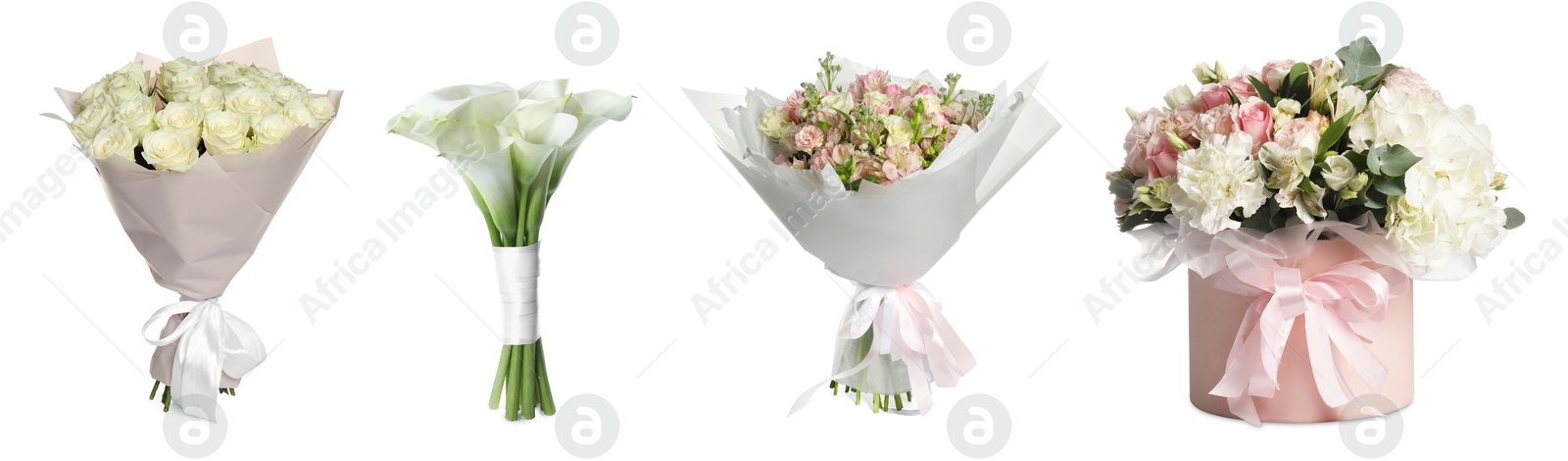 Image of Different beautiful bouquets isolated on white, set