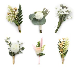 Image of Different boutonnieres isolated on white, set. Wedding accessory