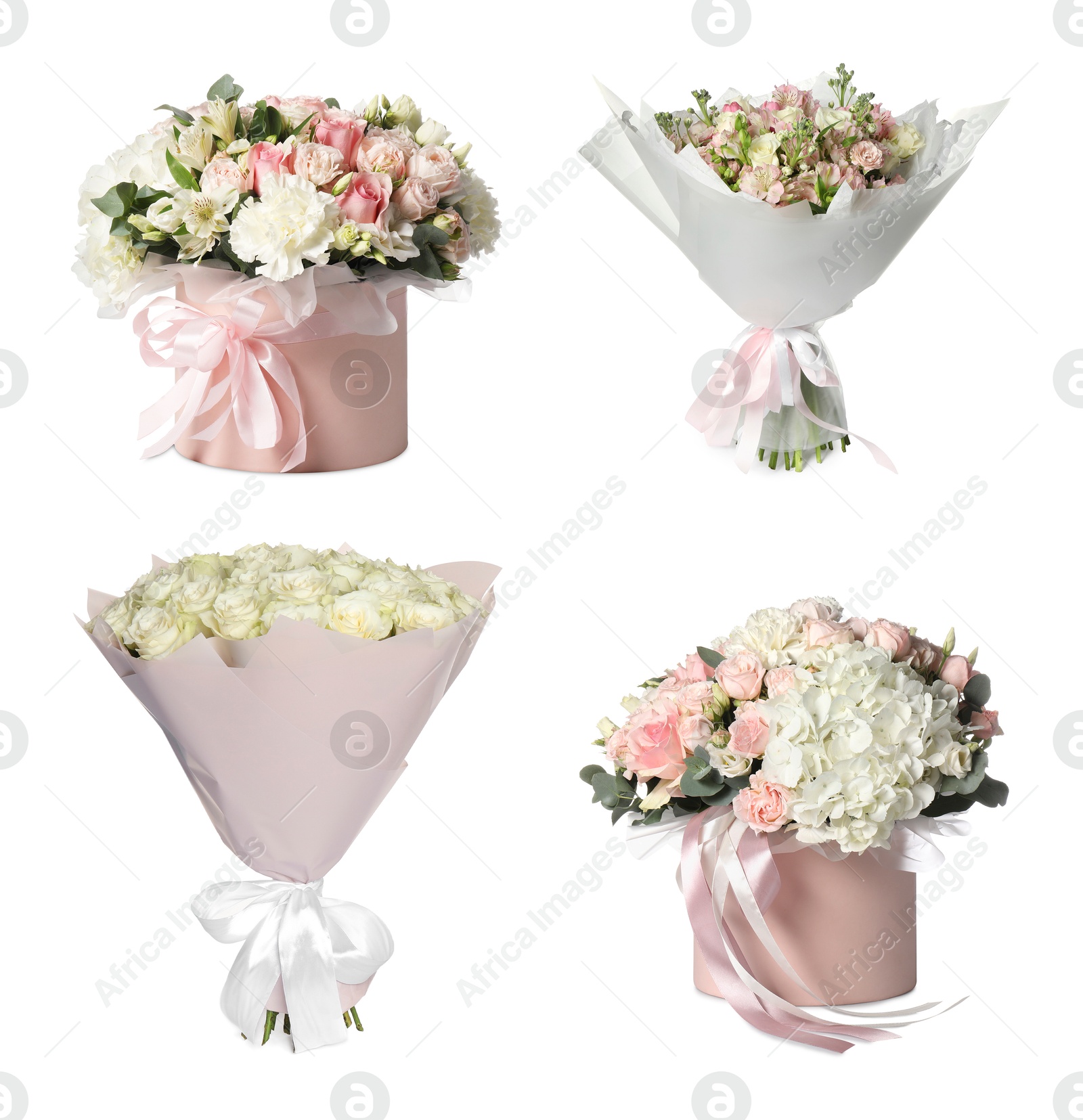 Image of Different beautiful bouquets isolated on white, set