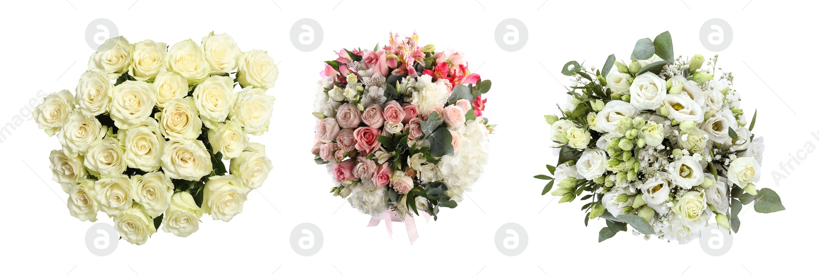 Image of Different wedding bouquets isolated on white, set. Top view