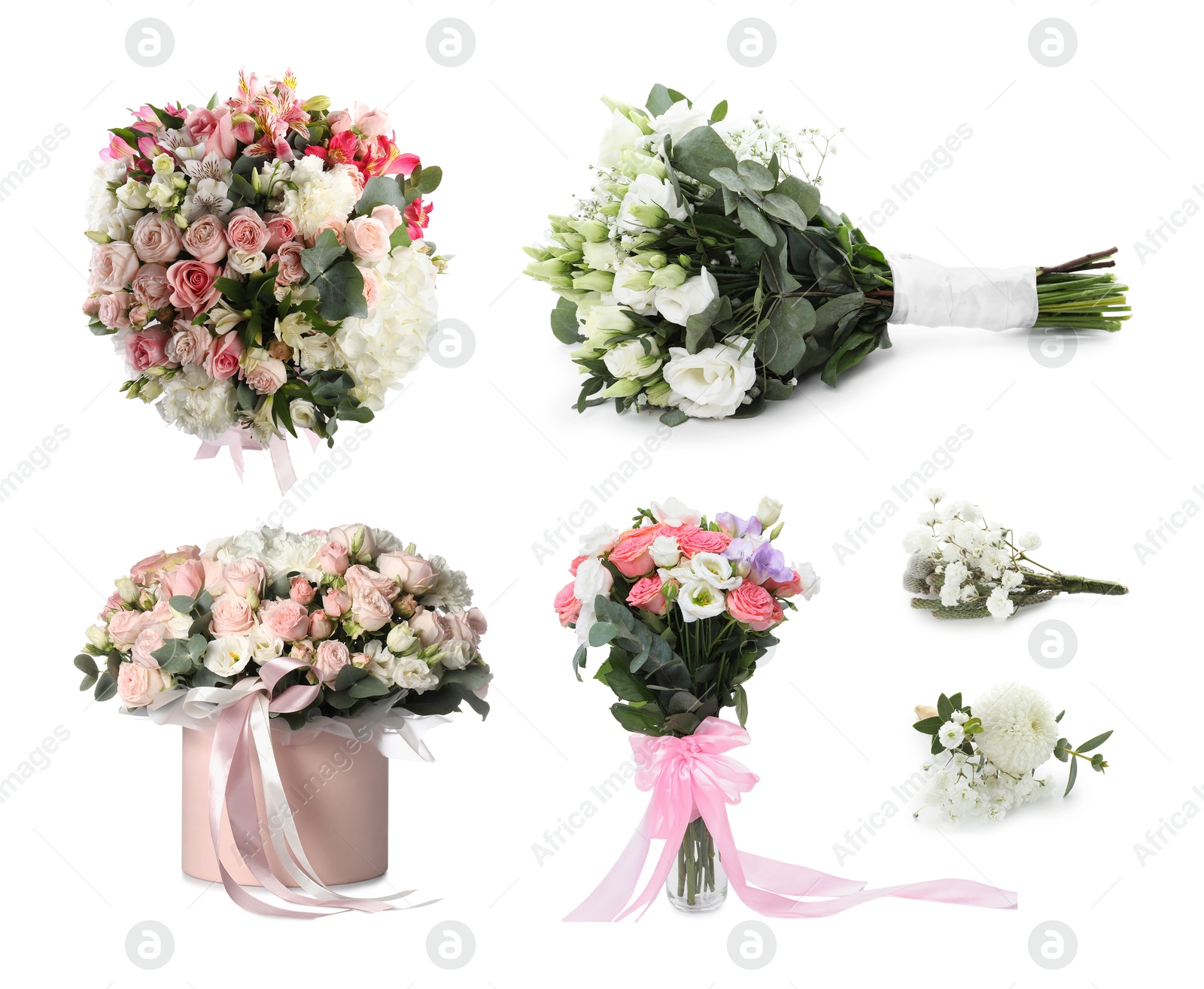 Image of Different bouquets and boutonnieres isolated on white, set