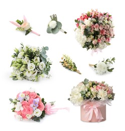 Image of Different bouquets and boutonnieres isolated on white, set