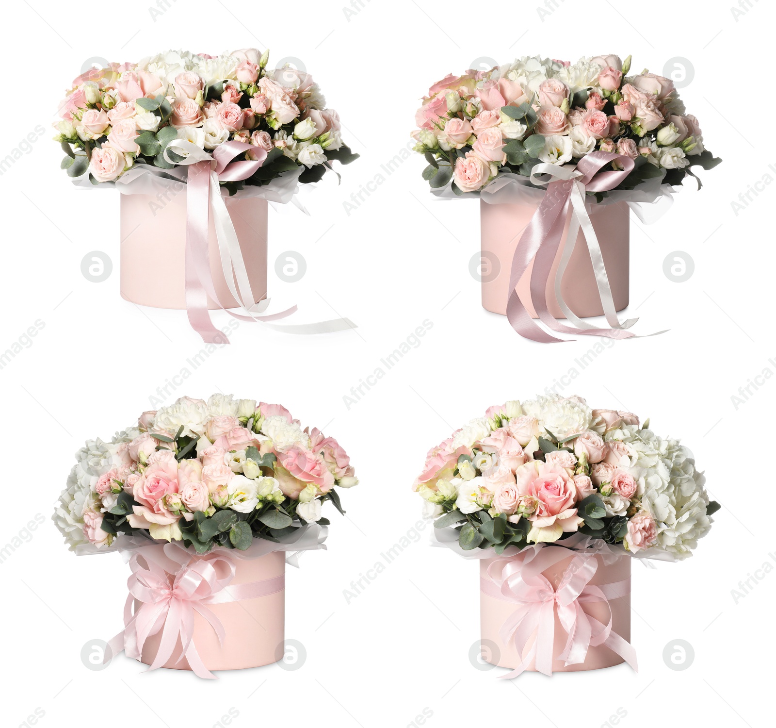 Image of Bouquets of beautiful flowers in boxes isolated on white, collage