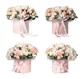 Image of Bouquets of beautiful flowers in boxes isolated on white, collage