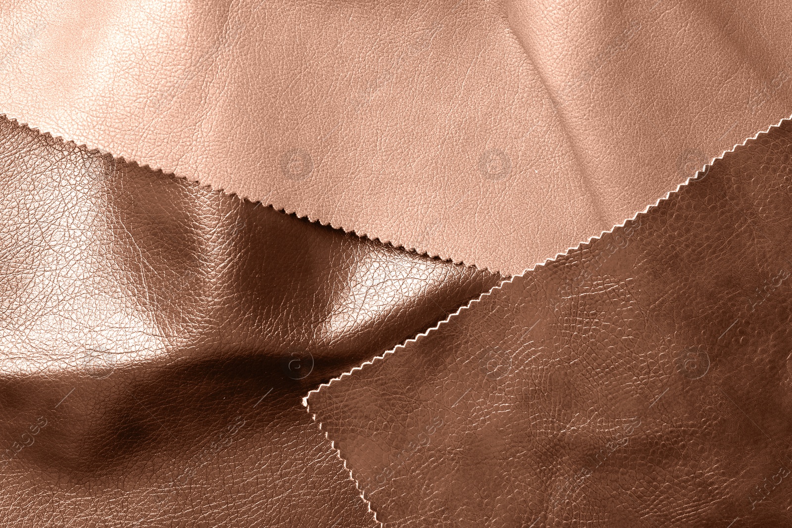 Image of Leather fabrics in mocha mousse shades, top view. Trendy color of 2025 year