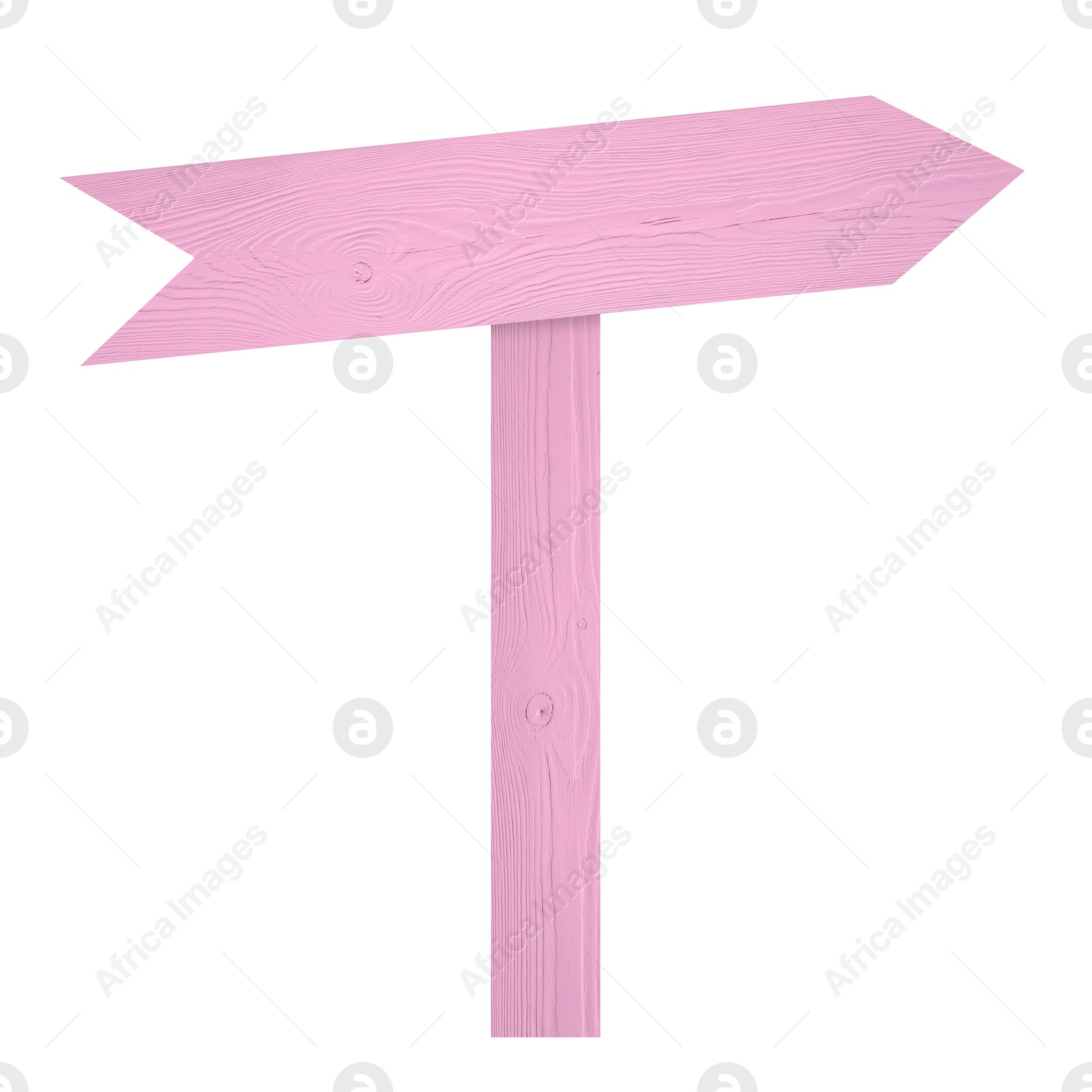 Image of Pink wooden signpost with arrow-shaped pointer isolated on white