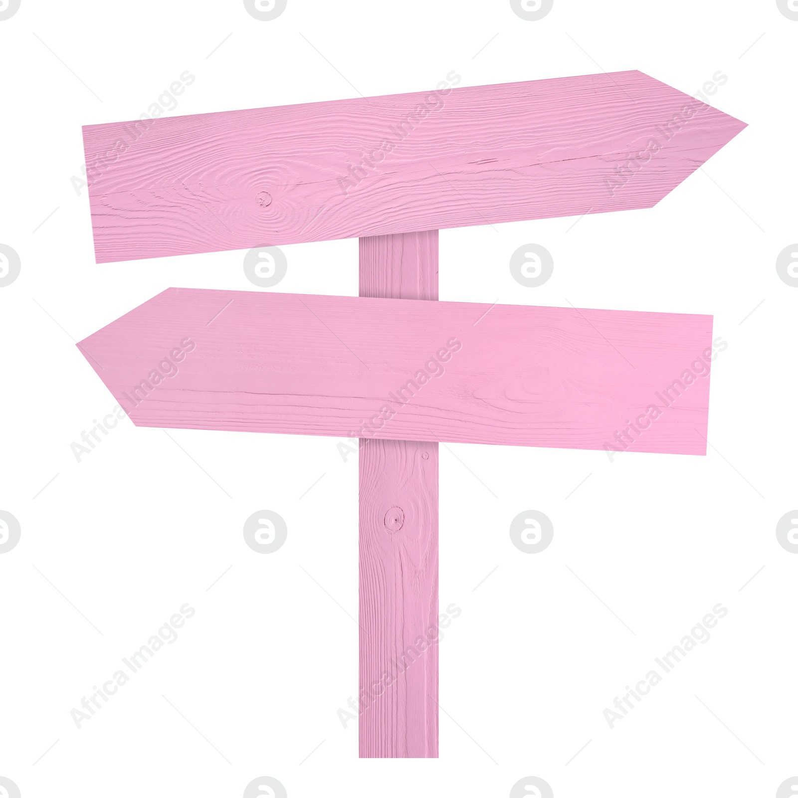 Image of Pink wooden signpost with arrow-shaped pointers isolated on white