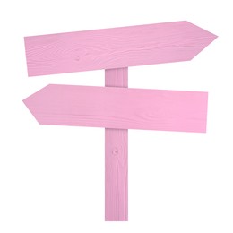 Image of Pink wooden signpost with arrow-shaped pointers isolated on white