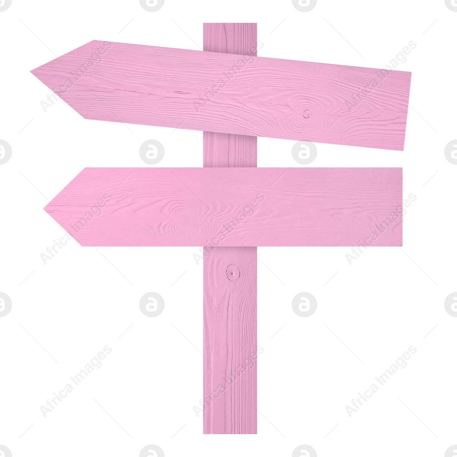 Image of Pink wooden signpost with arrow-shaped pointers isolated on white