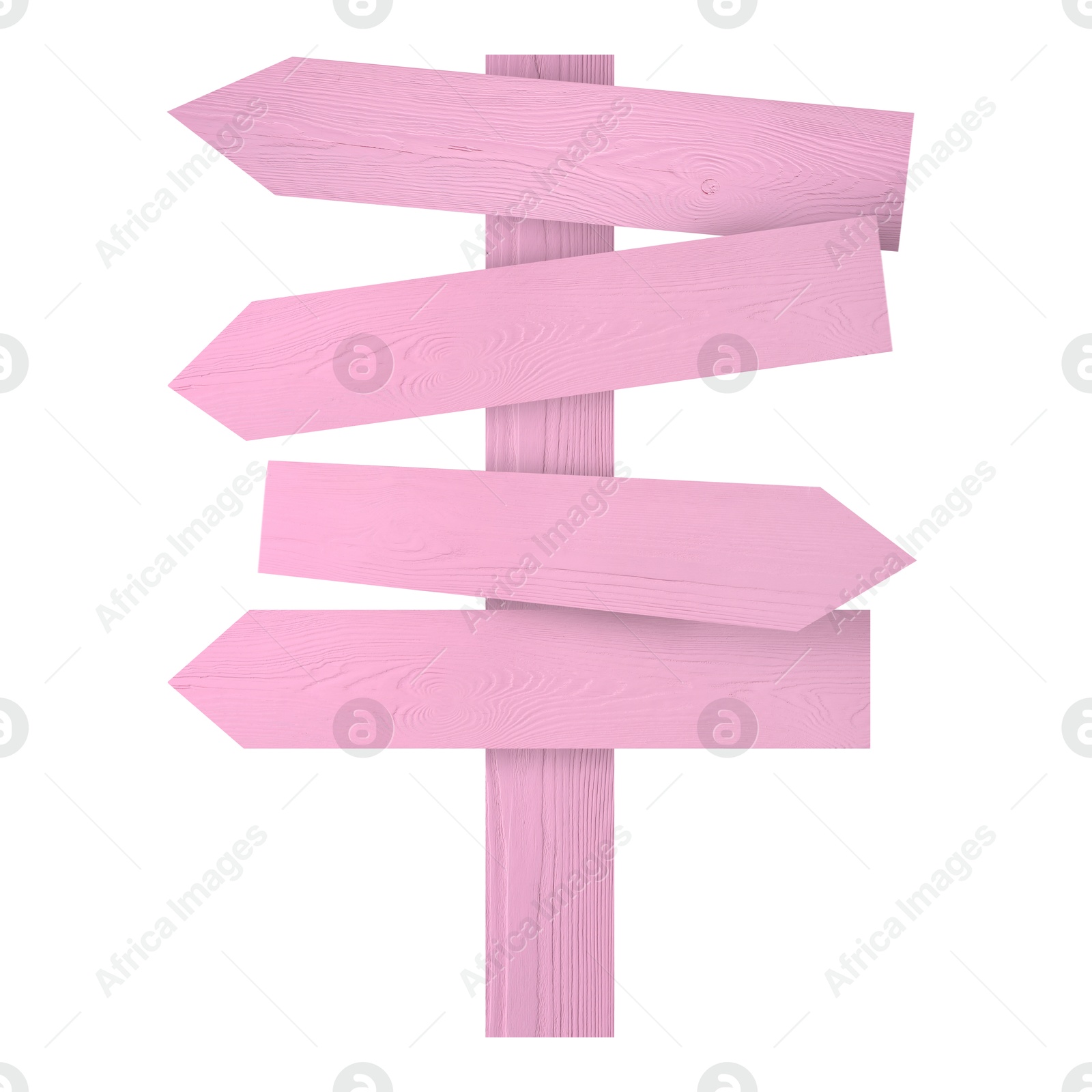 Image of Pink wooden signpost with arrow-shaped pointers isolated on white