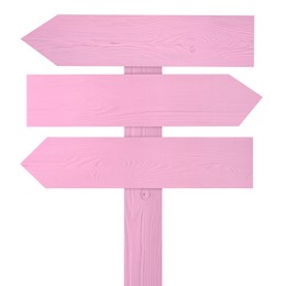 Image of Pink wooden signpost with arrow-shaped pointers isolated on white