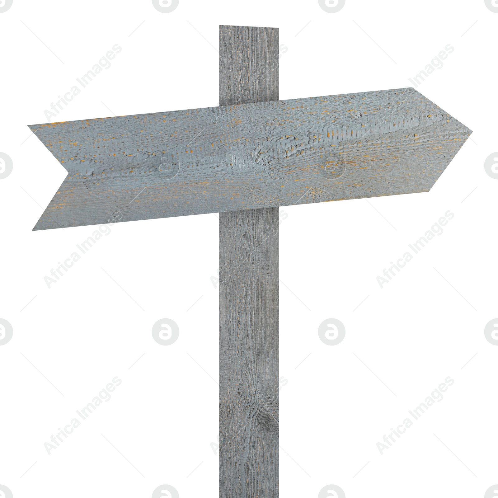 Image of Grey wooden signpost with arrow-shaped pointer isolated on white