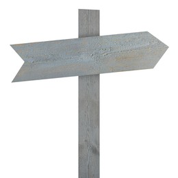 Image of Grey wooden signpost with arrow-shaped pointer isolated on white