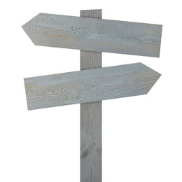 Image of Grey wooden signpost with arrow-shaped pointers isolated on white