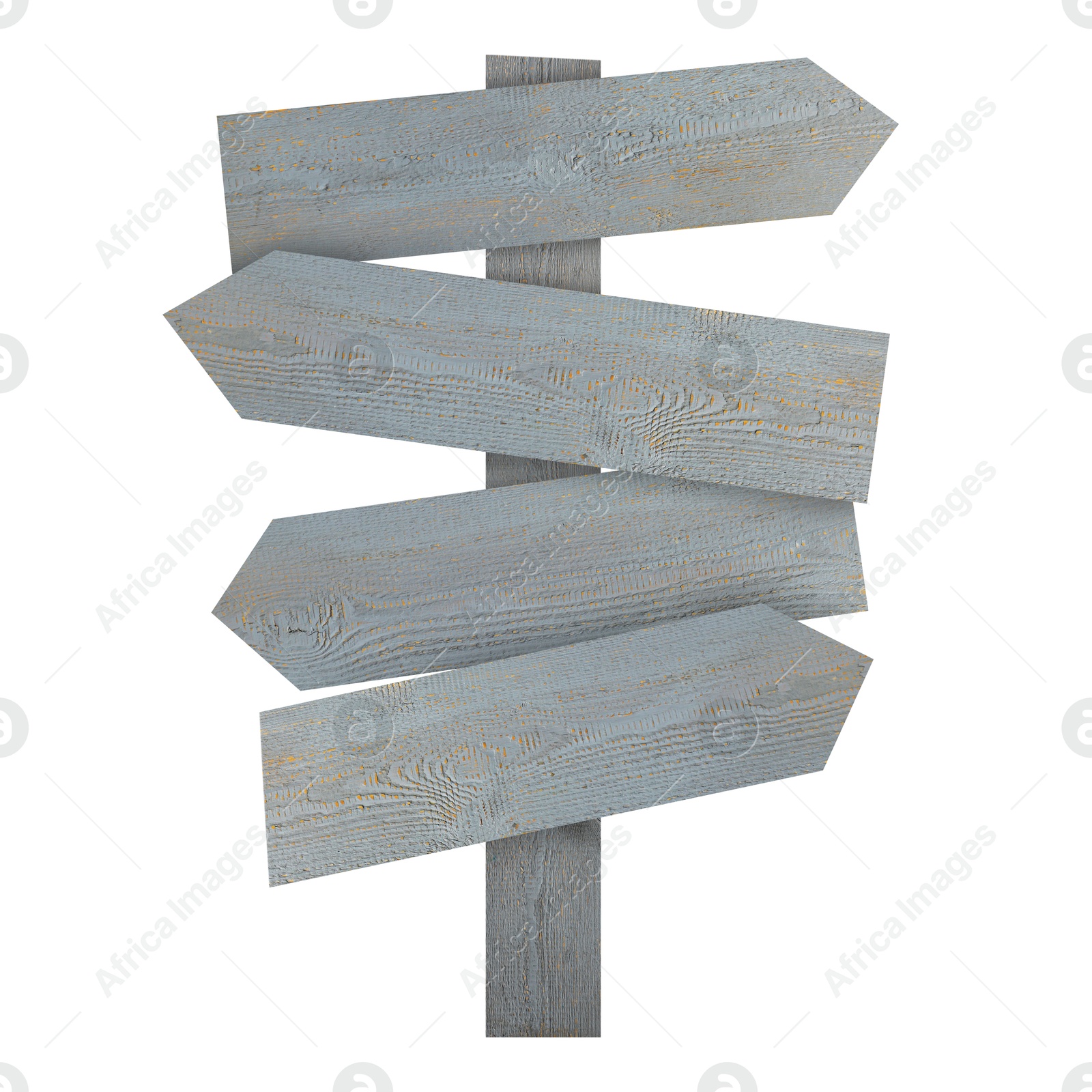 Image of Grey wooden signpost with arrow-shaped pointers isolated on white