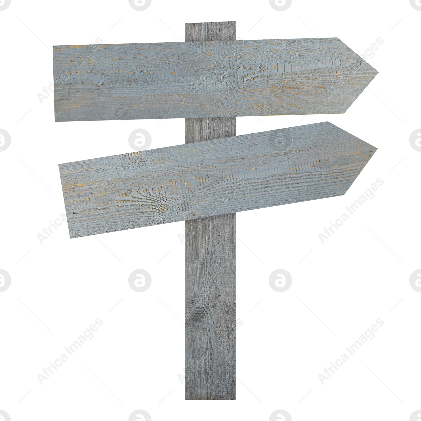 Image of Grey wooden signpost with arrow-shaped pointers isolated on white