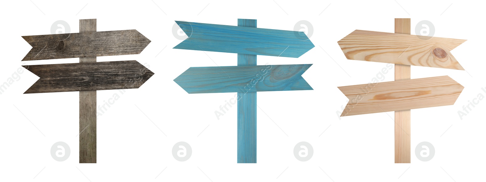 Image of Wooden signposts with arrow-shaped pointers isolated on white