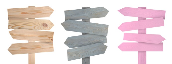 Image of Wooden signposts with arrow-shaped pointers isolated on white