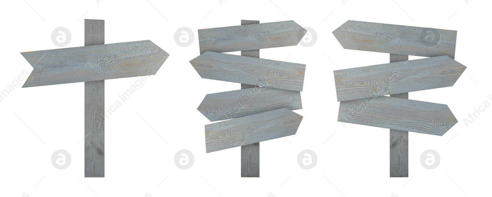 Image of Wooden signposts with arrow-shaped pointers isolated on white