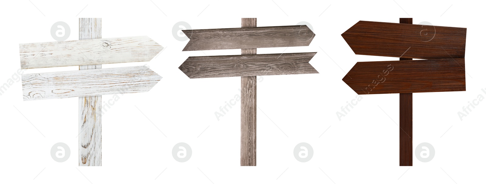 Image of Wooden signposts with arrow-shaped pointers isolated on white