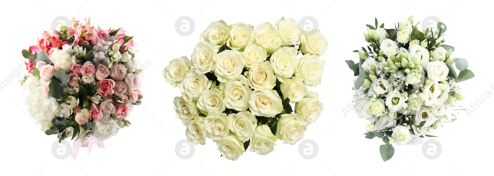 Image of Different wedding bouquets isolated on white, set. Top view