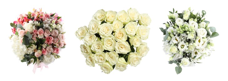 Image of Different wedding bouquets isolated on white, set. Top view