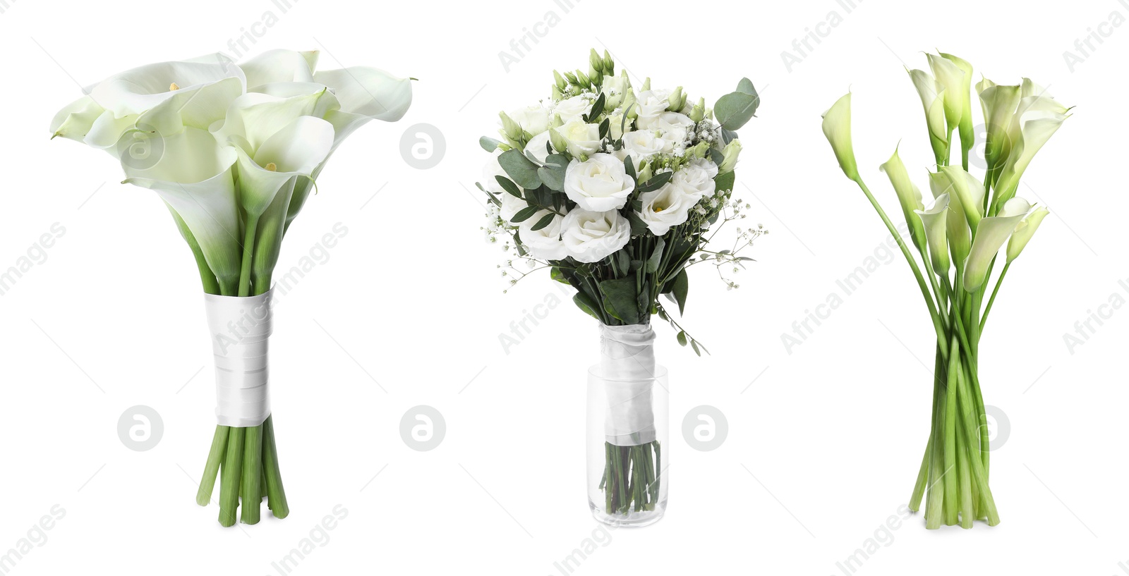 Image of Different wedding bouquets isolated on white, set