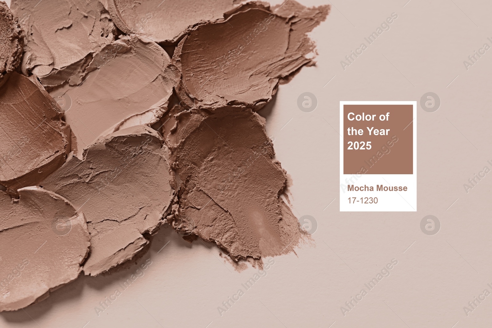 Image of Lipstick samples in mocha mousse shades on beige background, top view. Trendy color of 2025 year