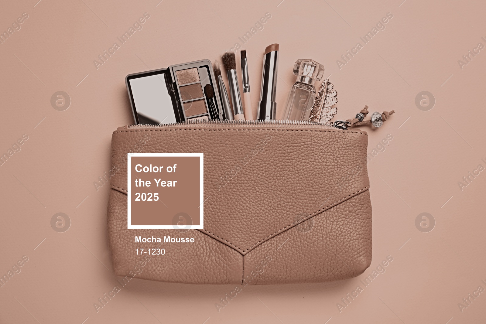 Image of Mocha mousse - trendy color of 2025 year. Makeup products in beauty bag on dark beige background, topview