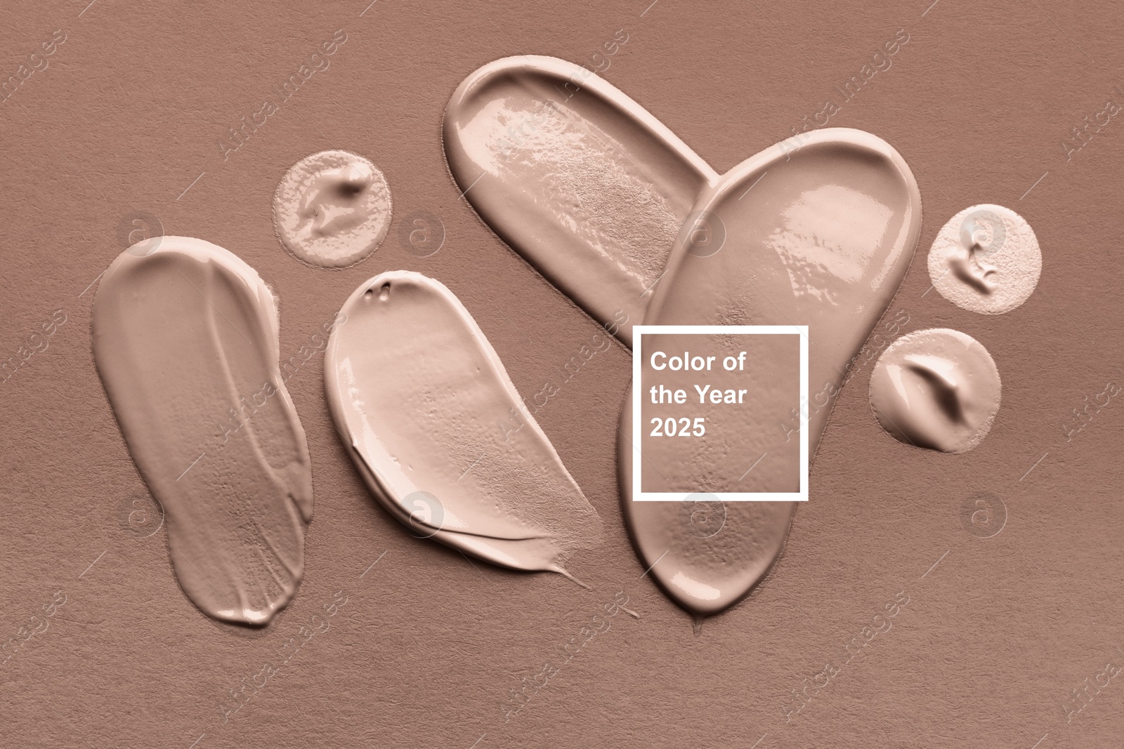 Image of Mocha mousse - trendy color of 2025 year. Samples of liquid foundations on brown shade background, top view