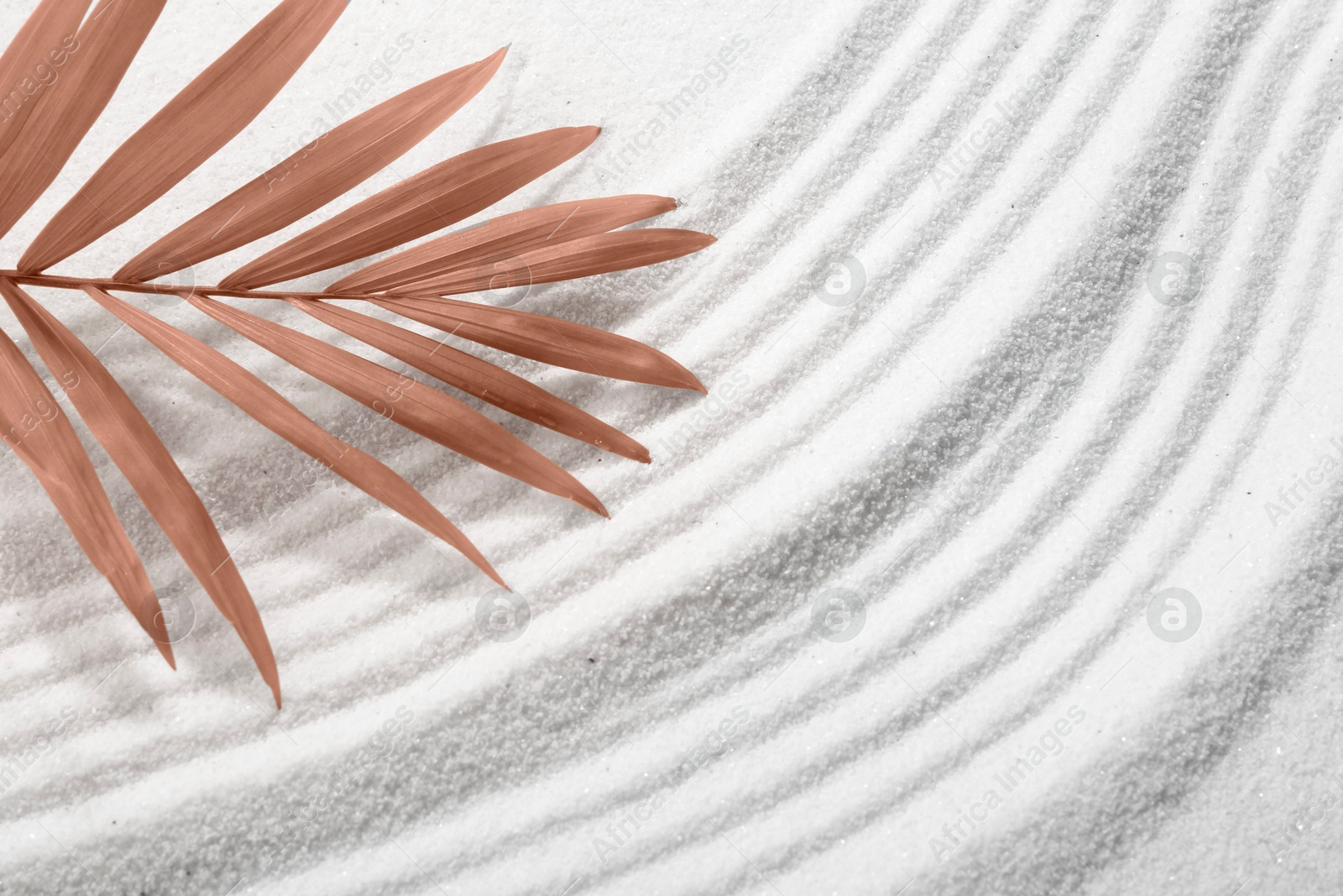 Image of Leaf in mocha mousse shade and wave pattern on white sand. Trendy color of 2025 year