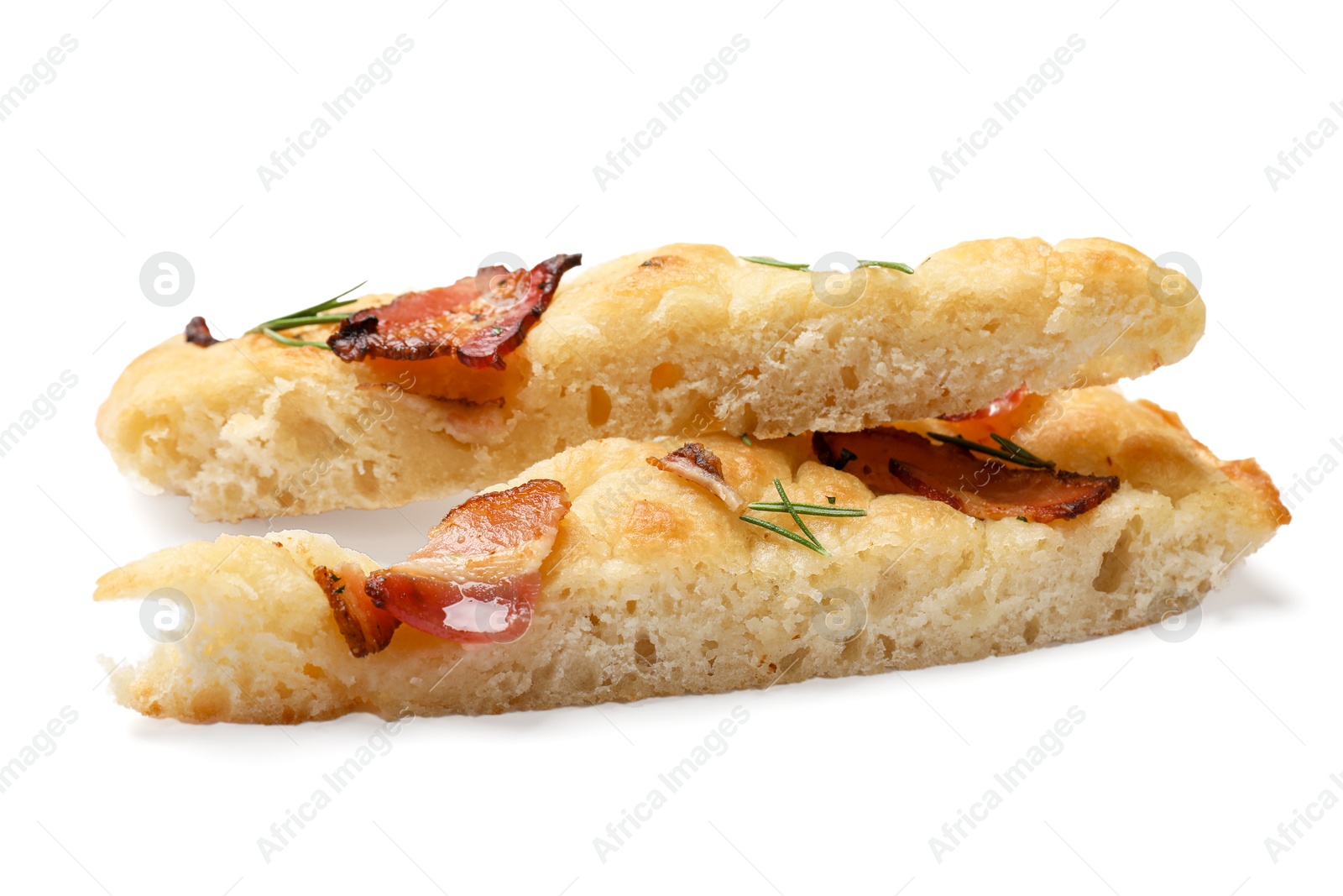 Photo of Slices of delicious focaccia bread with bacon and rosemary isolated on white