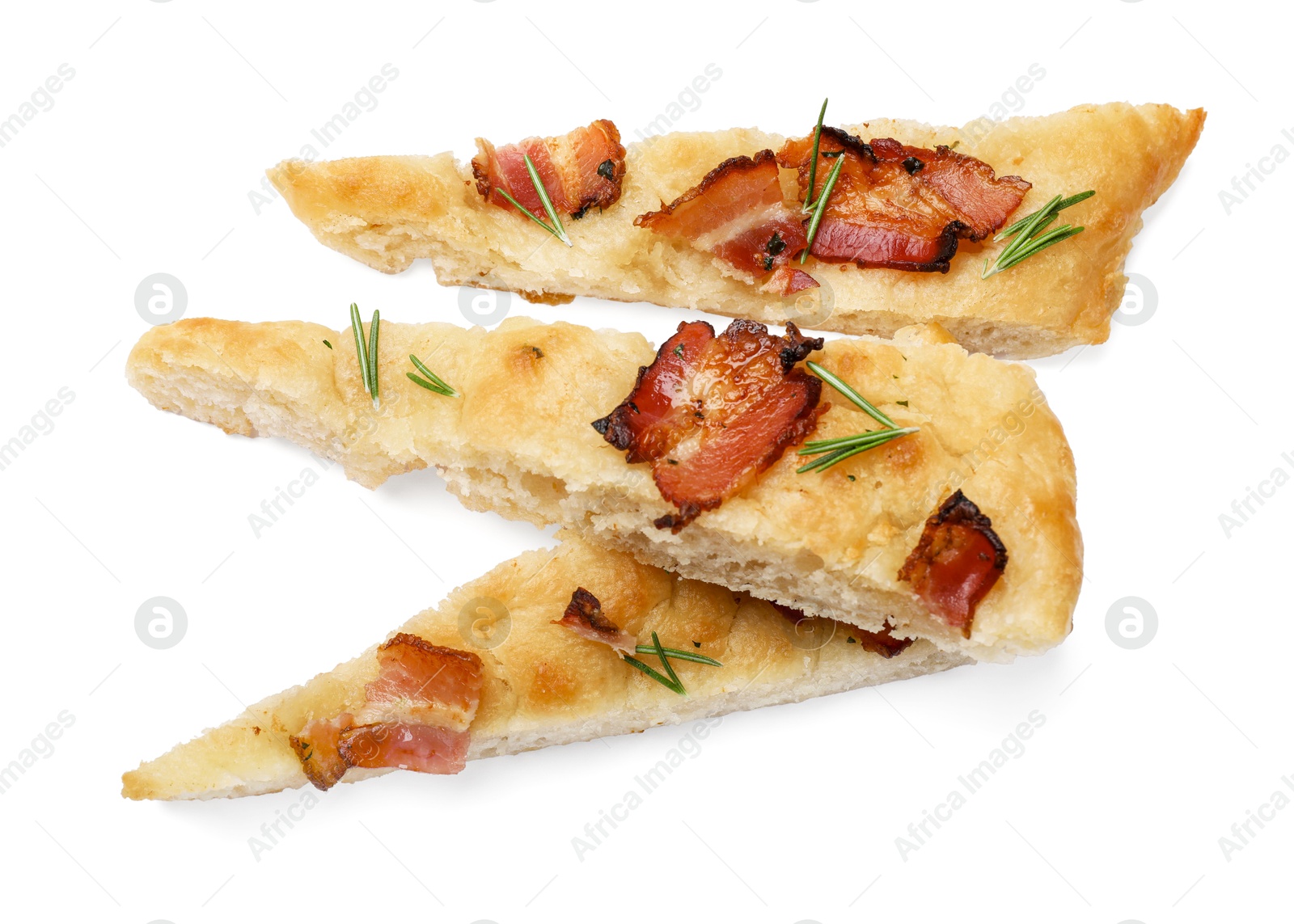 Photo of Slices of delicious focaccia bread with bacon and rosemary isolated on white, top view