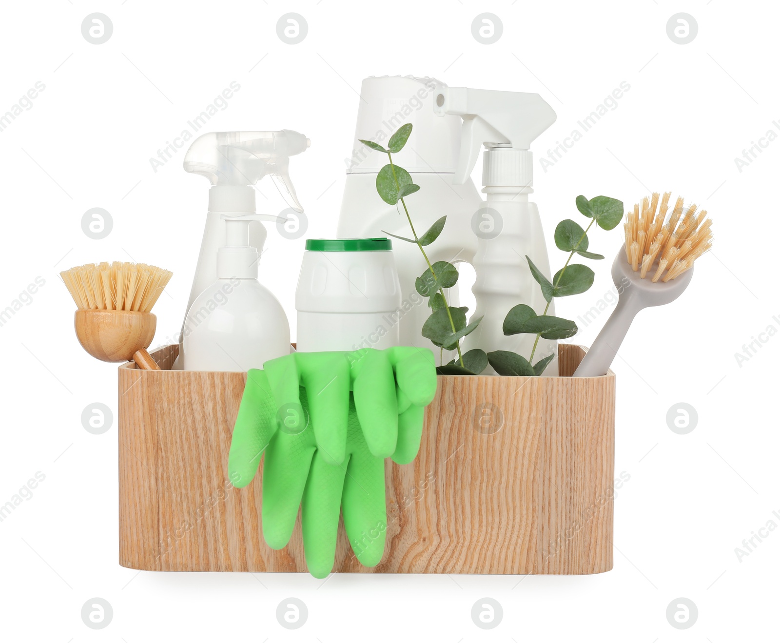 Photo of Eco-friendly cleaning products and supplies in wooden crate isolated on white