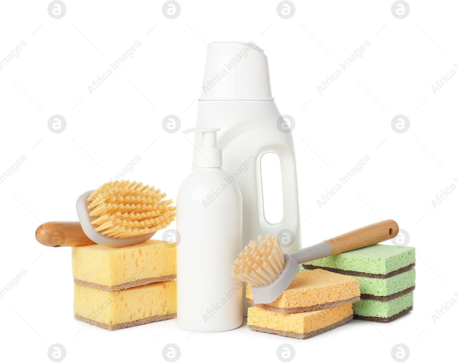 Photo of Eco-friendly cleaning products and supplies isolated on white