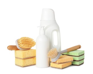 Photo of Eco-friendly cleaning products and supplies isolated on white