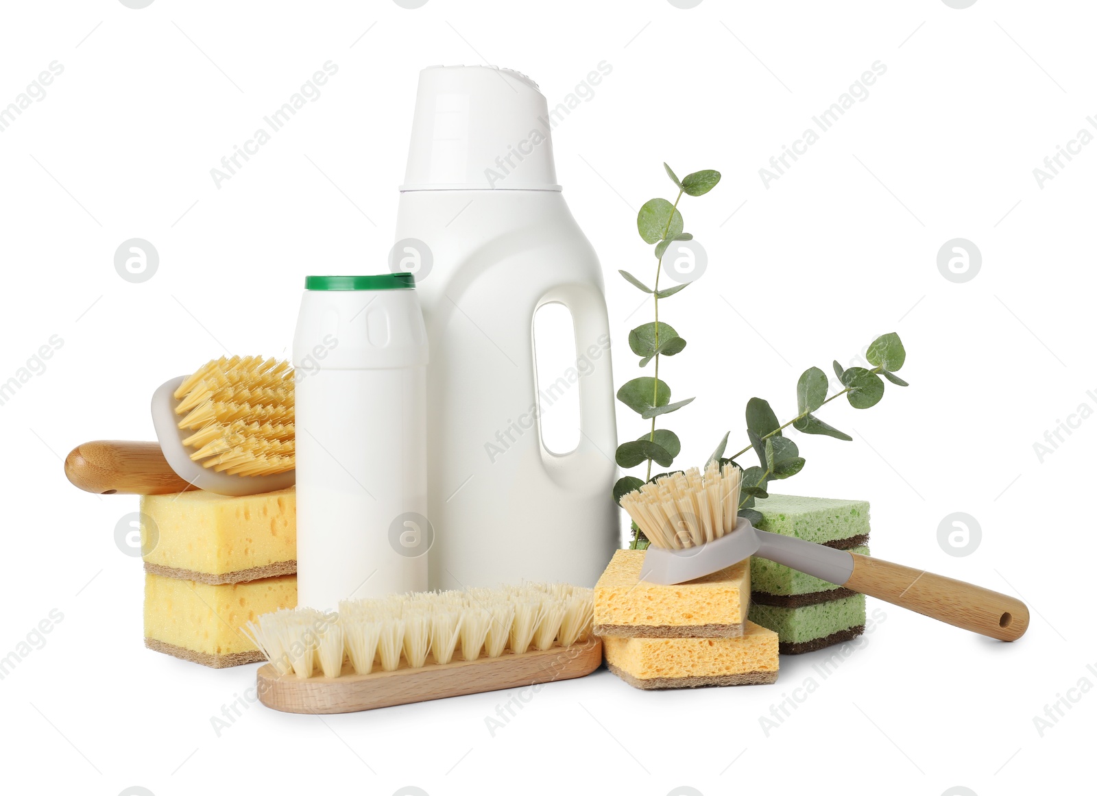 Photo of Eco-friendly cleaning products, supplies and eucalyptus branches isolated on white