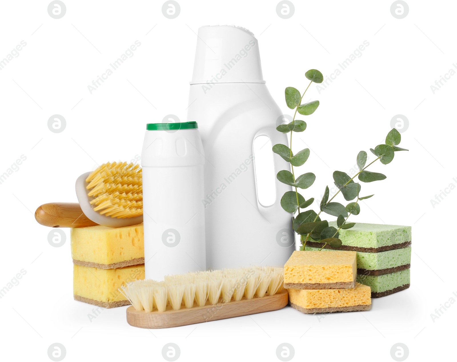 Photo of Eco-friendly cleaning products, supplies and eucalyptus branches isolated on white