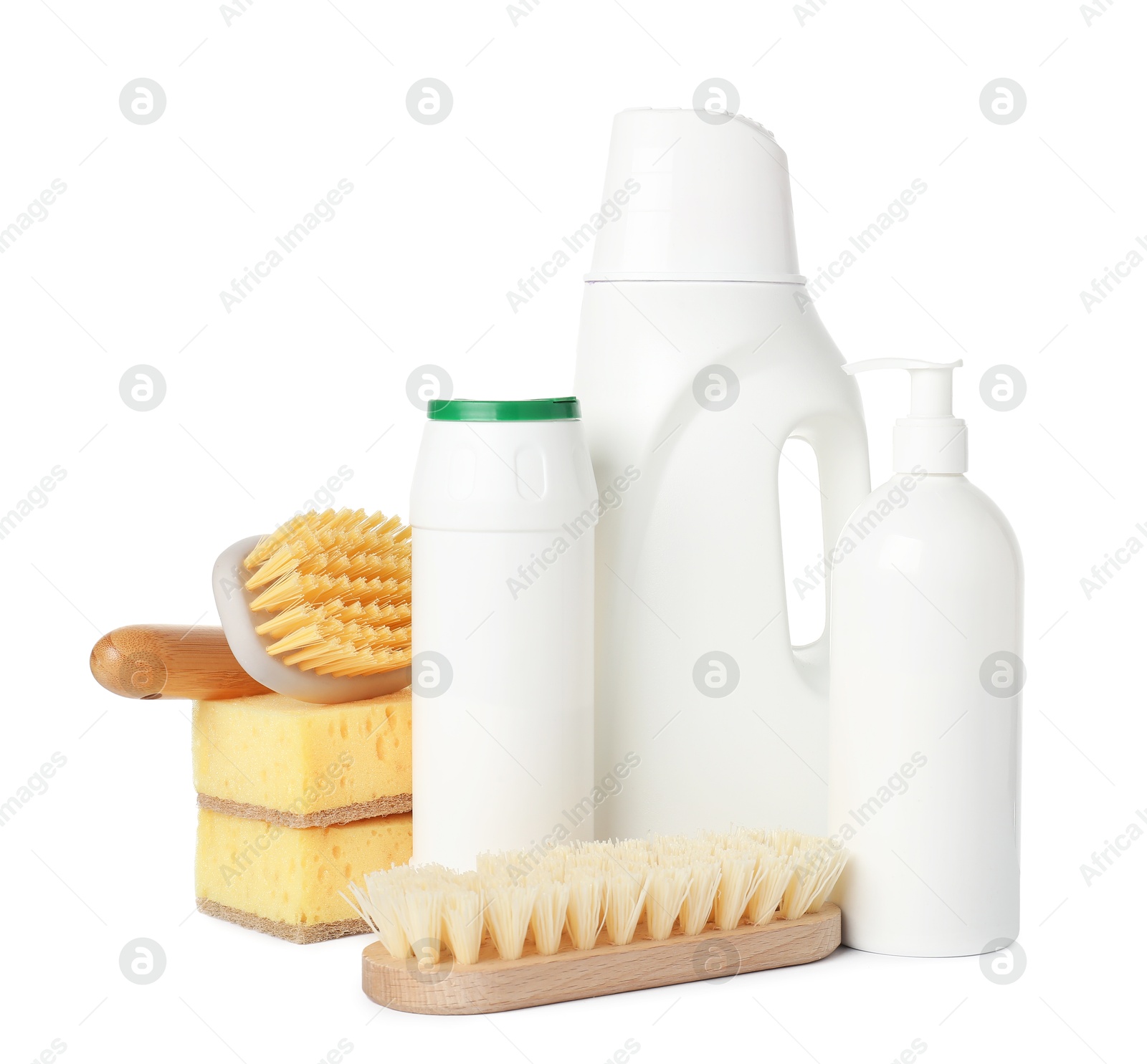 Photo of Eco-friendly cleaning products and supplies isolated on white