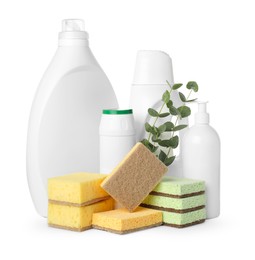 Photo of Eco-friendly cleaning products, sponges and eucalyptus branches isolated on white