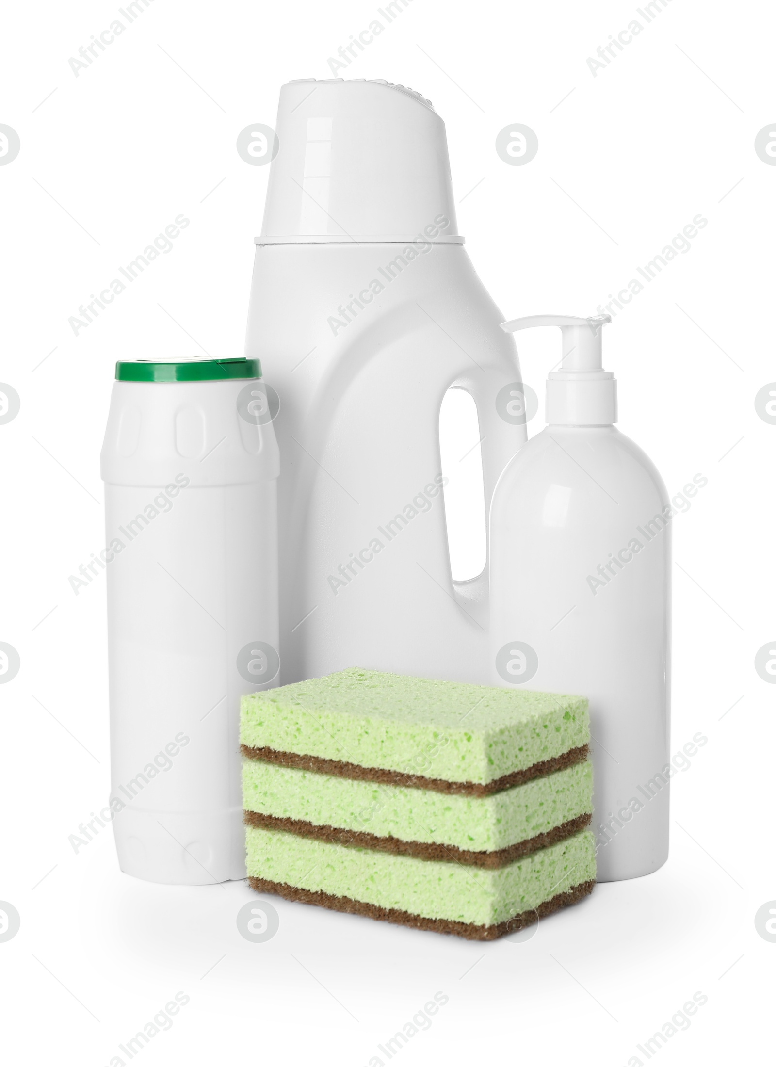 Photo of Eco-friendly cleaning products and sponges isolated on white