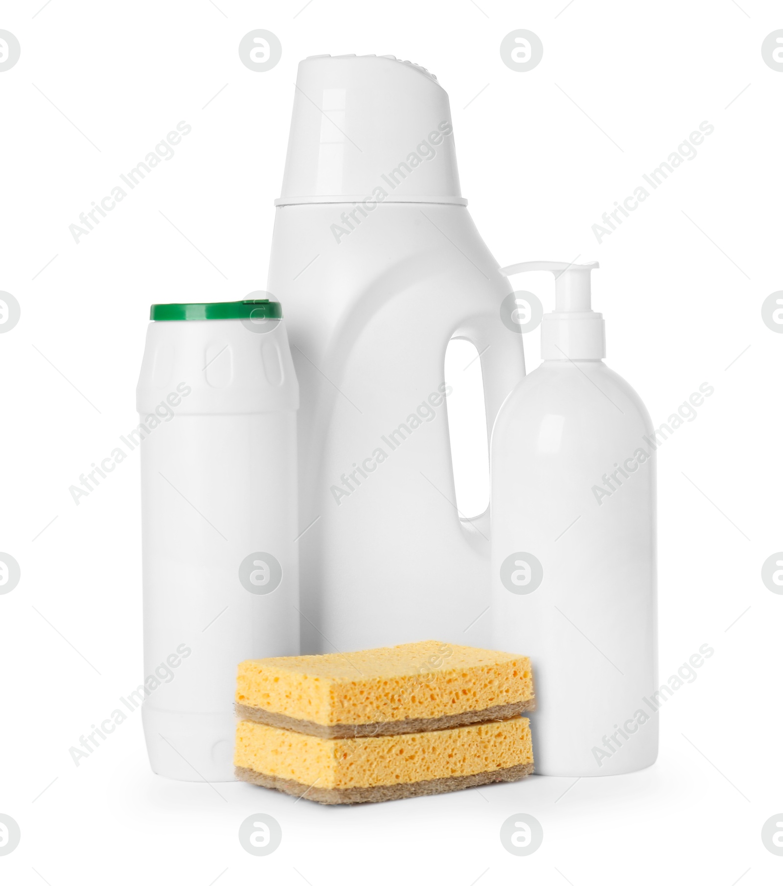 Photo of Eco-friendly cleaning products and sponges isolated on white