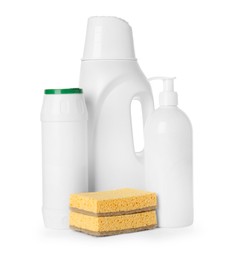 Photo of Eco-friendly cleaning products and sponges isolated on white