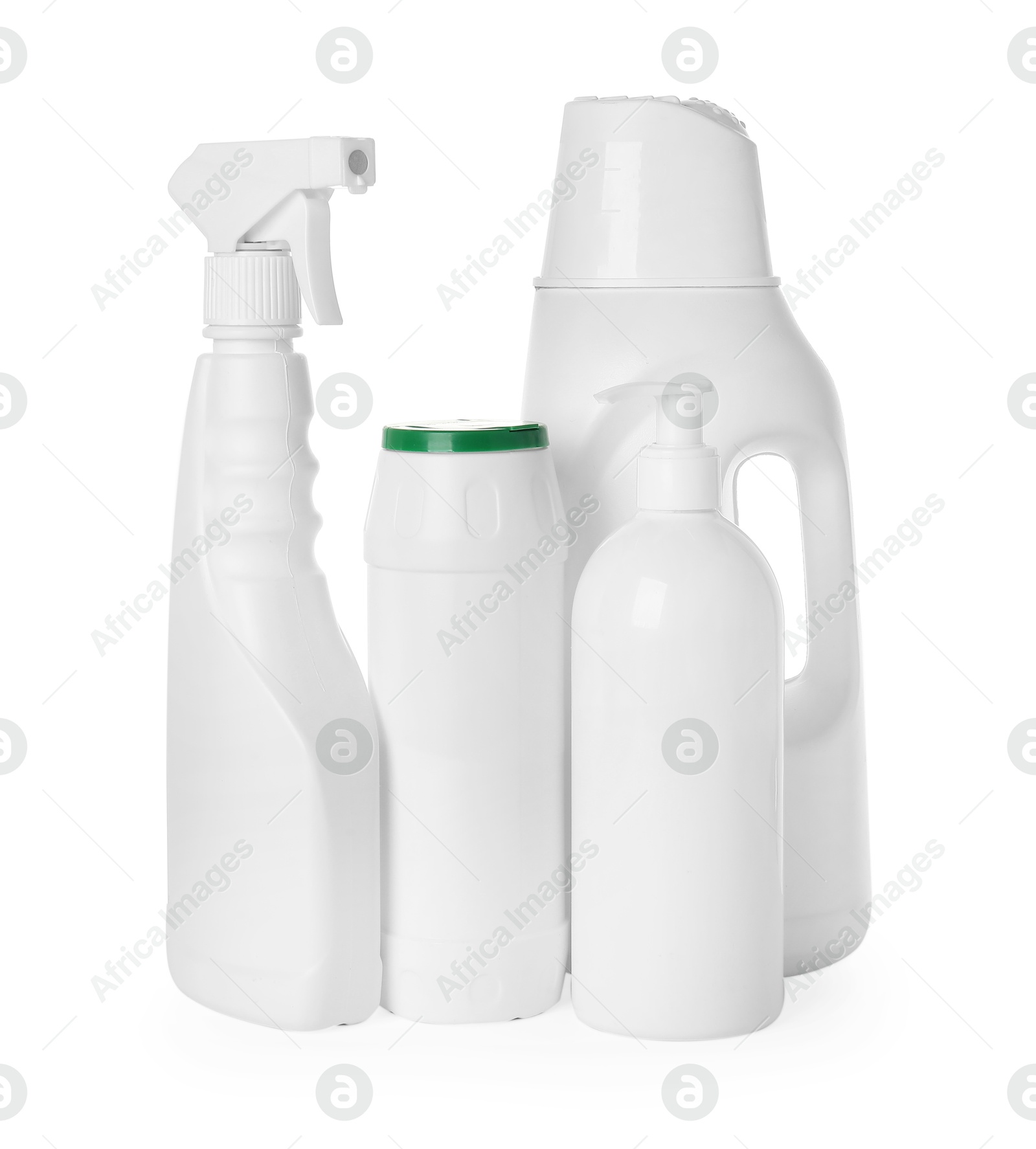 Photo of Bottles of different cleaning products isolated on white