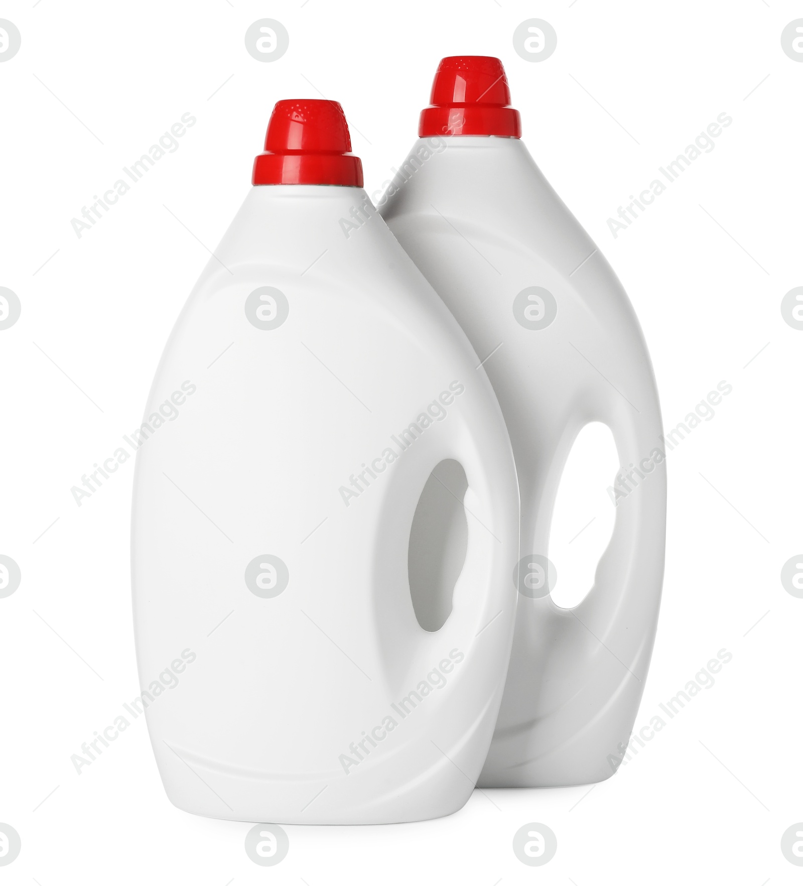 Photo of Bottles of cleaning products isolated on white