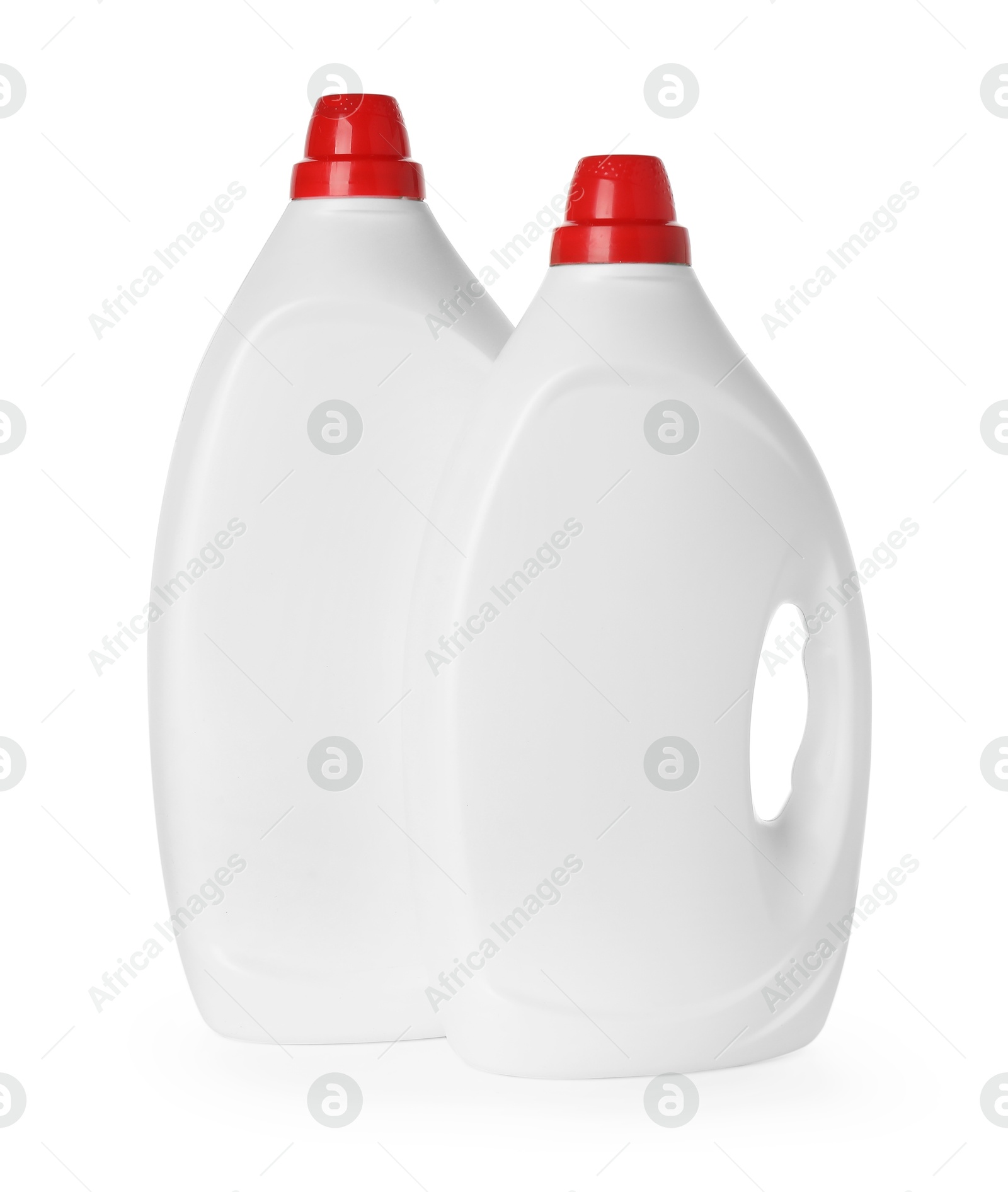 Photo of Bottles of cleaning products isolated on white