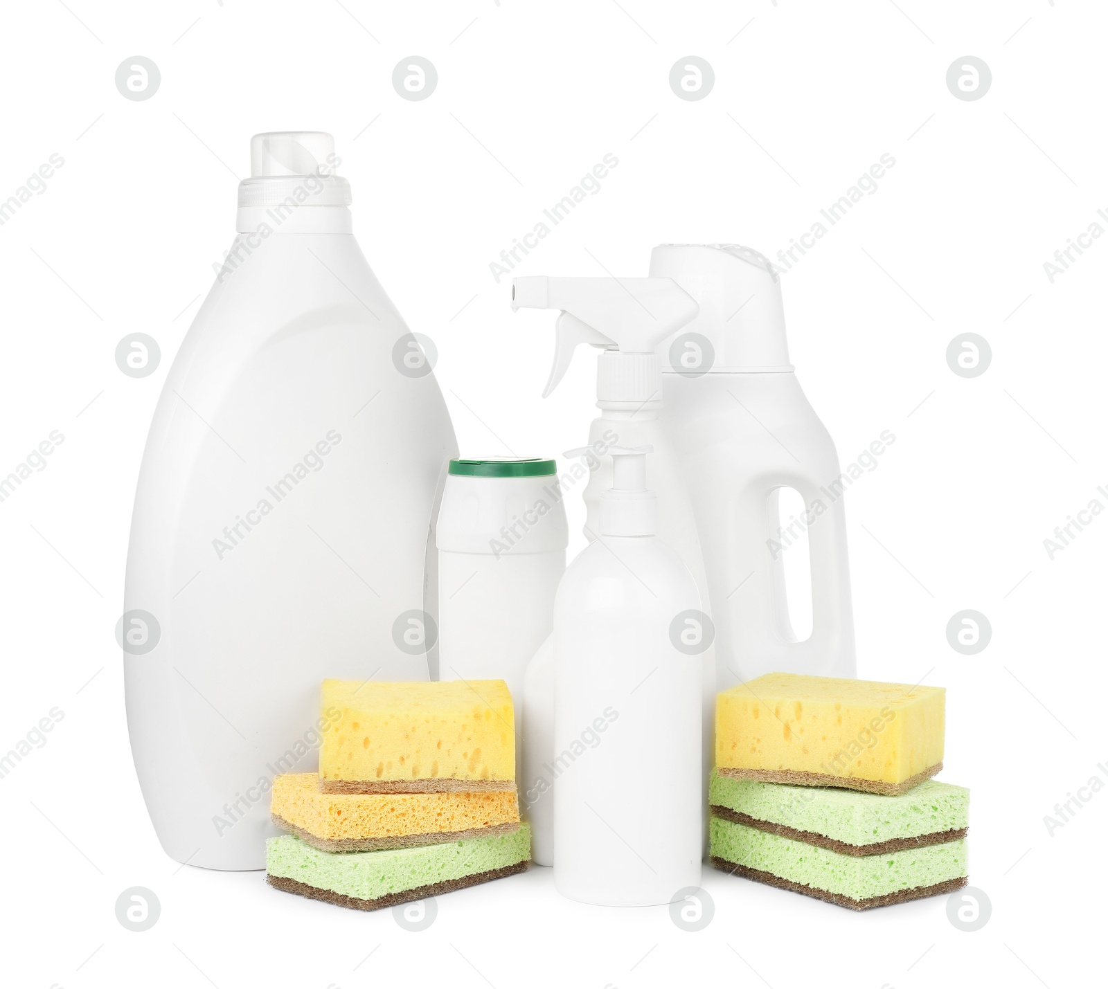 Photo of Eco-friendly cleaning products and supplies isolated on white