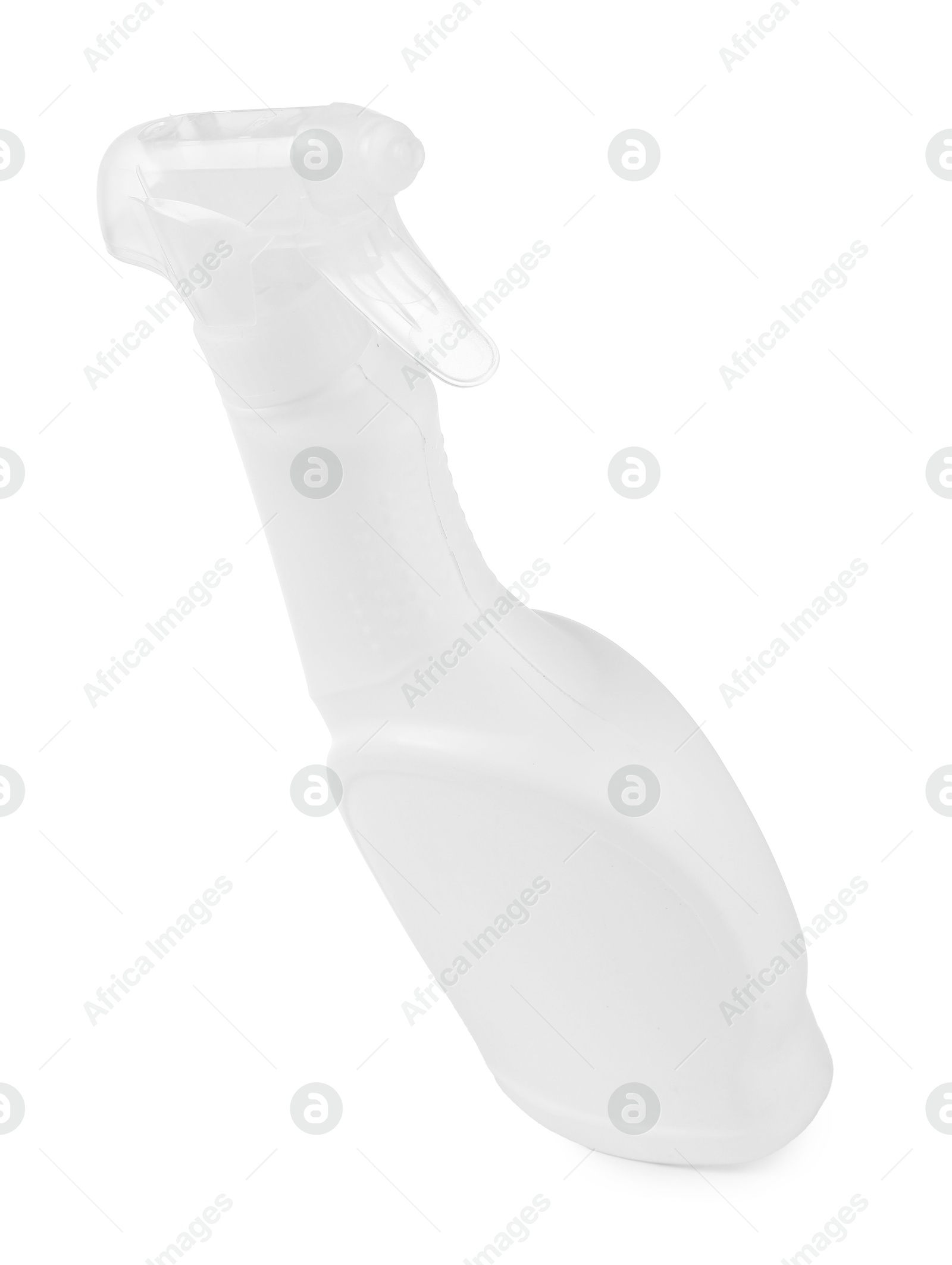 Photo of Spray bottle of cleaning product in air isolated on white